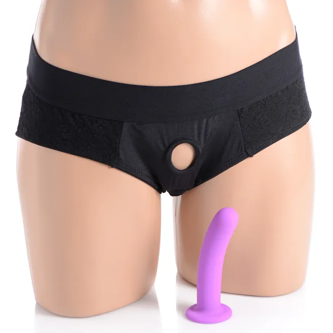 lace envy pegging harness silicone dildo set black strap u