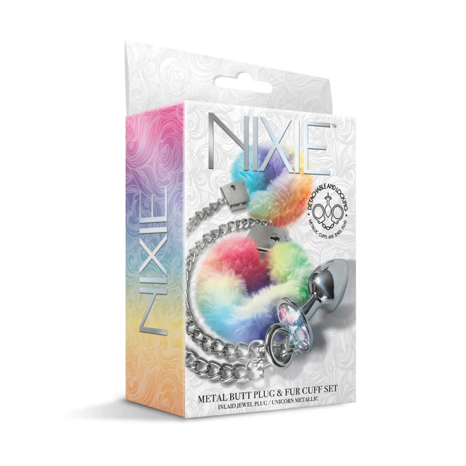 NIXIE Metal Butt Plug & Furry Handcuff Set Medium Unicorn