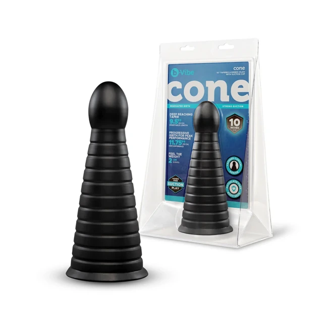 10 Inch b-Vibe Cone XXL Tapered Ribbed Anal Dildo with Suction Cup Black