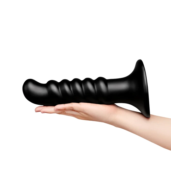 b-Vibe Krush 9.5 Inch XXL Curved Ribbed Anal Dildo with Suction Cup Black