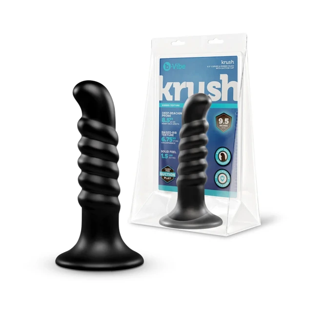 b-Vibe Krush 9.5 Inch XXL Curved Ribbed Anal Dildo with Suction Cup Black