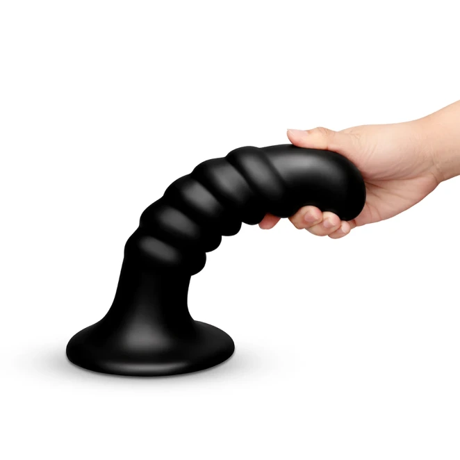 b-Vibe Krush 9.5 Inch XXL Curved Ribbed Anal Dildo with Suction Cup Black