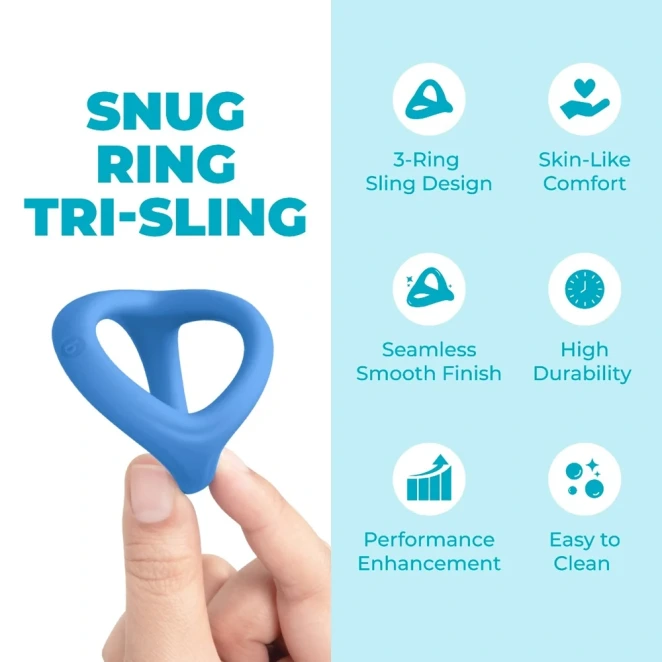 b-Vibe Snug Ring Tri-Sling Soft Stretch Silicone Cock and Ball Sling Blue