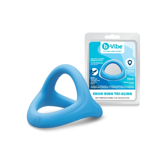 b-Vibe Snug Ring Tri-Sling Soft Stretch Silicone Cock and Ball Sling Blue