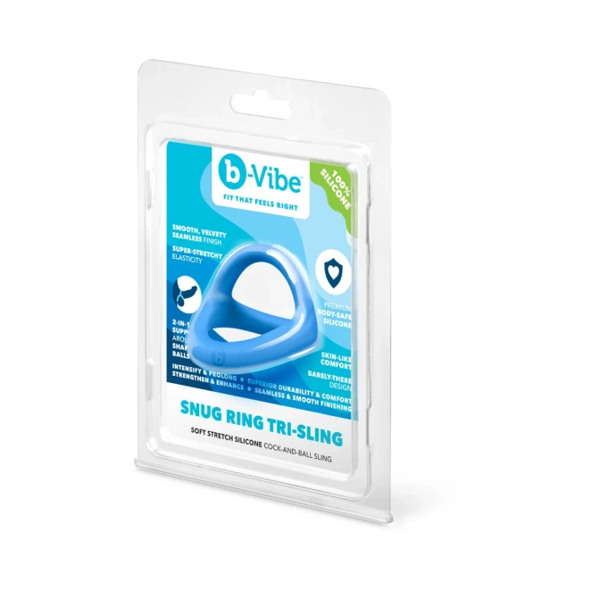 b-Vibe Snug Ring Tri-Sling Soft Stretch Silicone Cock and Ball Sling Blue