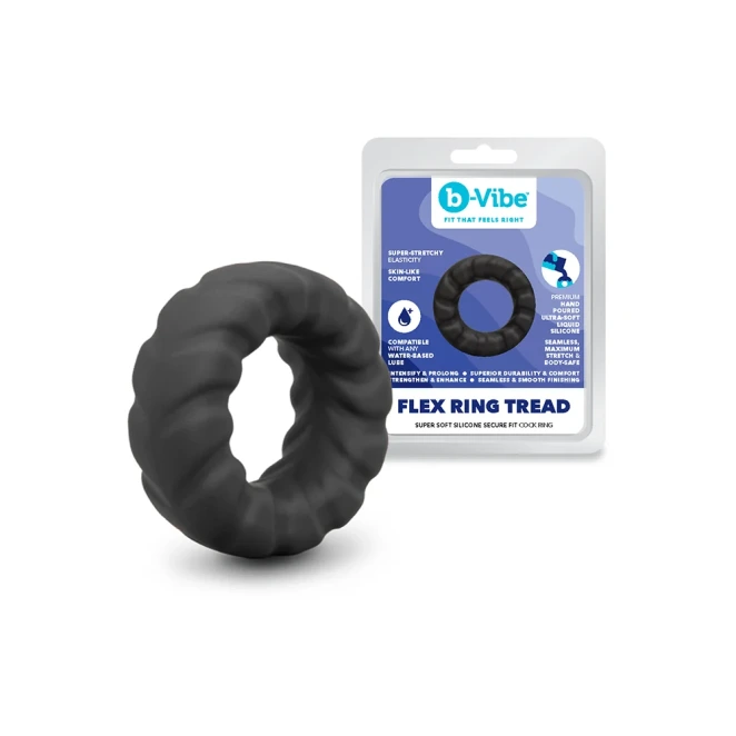 b-Vibe Flex Ring Tread 24mm Ultra Soft Silicone Textured Cock Ring Black