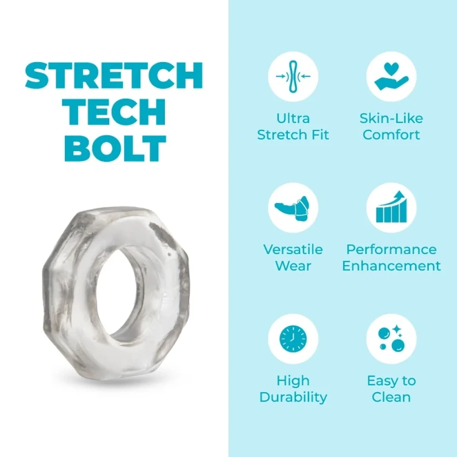 b-Vibe Stretch-Tech Bolt Ultra Stretchy TPE Cock Ring Clear