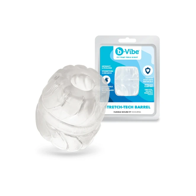 b-Vibe Stretch-Tech Barrel 16mm Ultra Stretchy Cock Ring and Ball Stretcher Clear