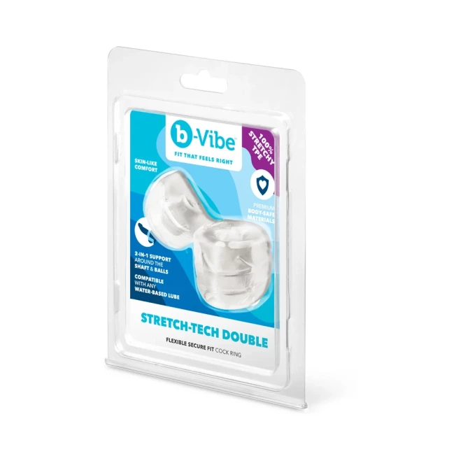 b-Vibe Stretch-Tech Double Barrel Ultra Stretchy Cock Ring and Ball Stretcher Clear
