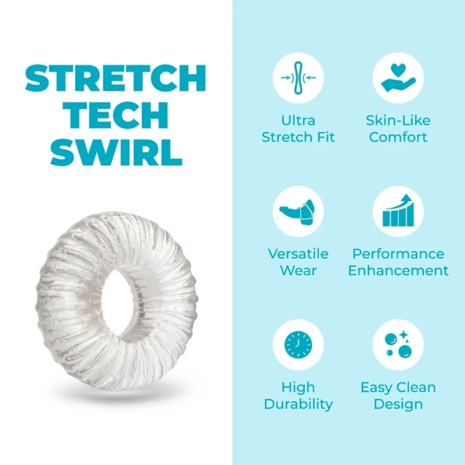 b-Vibe Stretch-Tech Swirl Ultra Stretchy TPE Cock Ring Clear