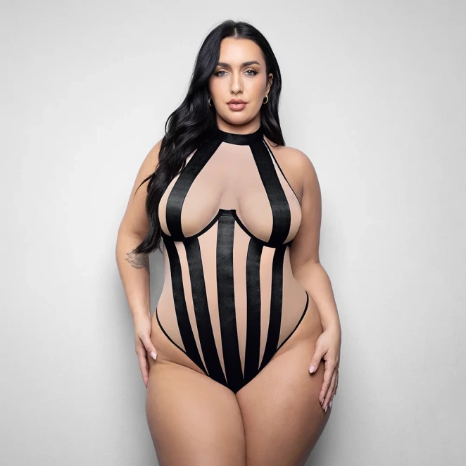 Fantasy Lingerie Elusive Verena High Neck Teddy with Stripe Detail