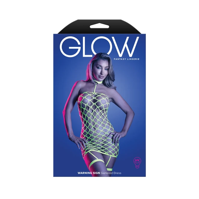 Fantasy Lingerie Glow Warning Sign Gartered Dress Rhinestone Fence Net