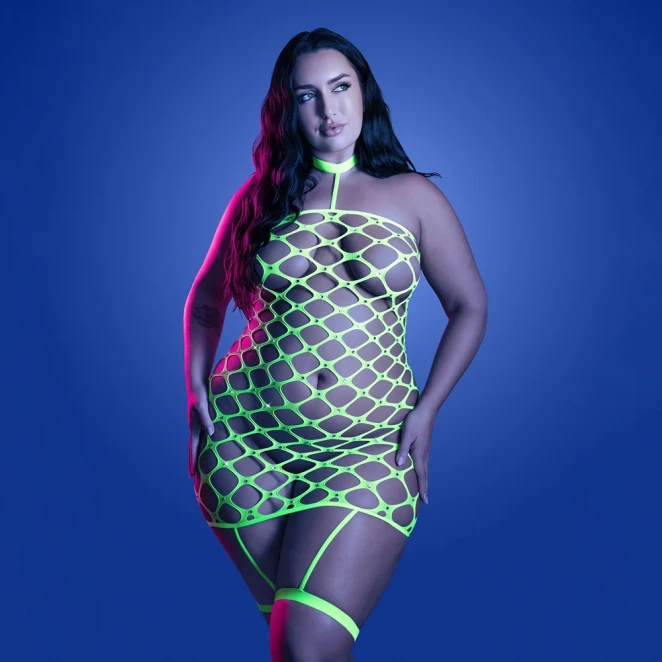 Fantasy Lingerie Glow Warning Sign Gartered Dress Rhinestone Fence Net