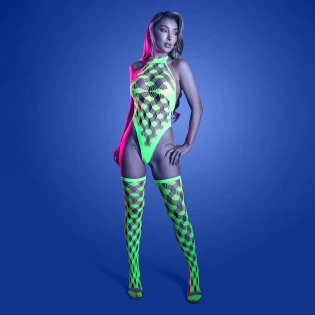 Fantasy Lingerie Glow Adrenaline Halter Teddy & Stockings in Rhinestone Fishnet