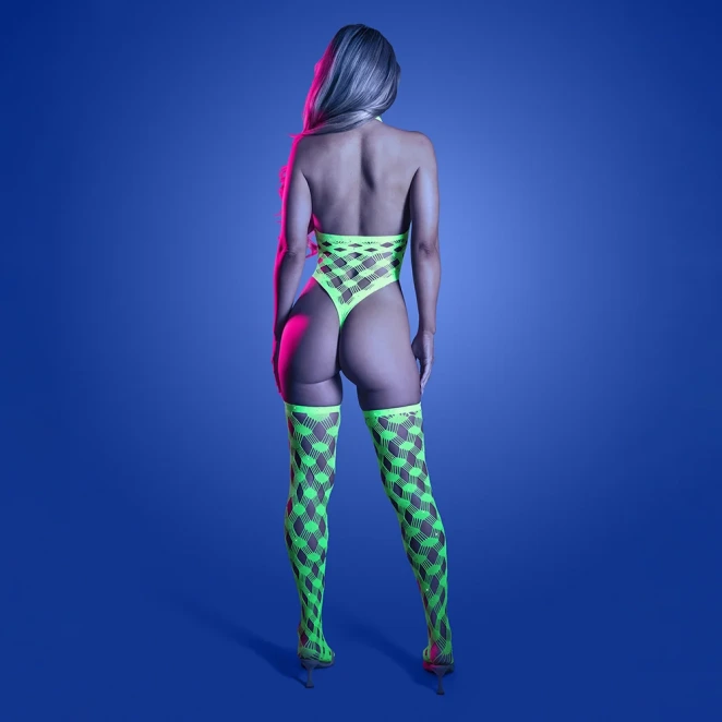 Fantasy Lingerie Glow Adrenaline Halter Teddy & Stockings in Rhinestone Fishnet