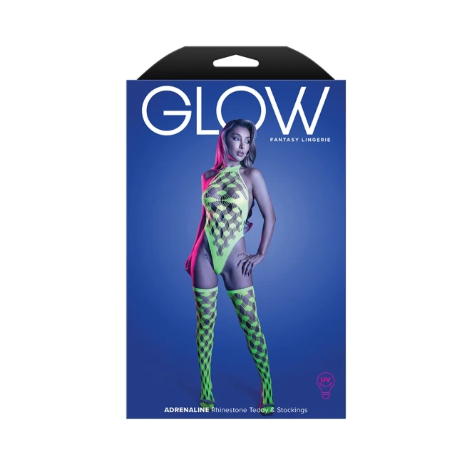 Fantasy Lingerie Glow Adrenaline Halter Teddy & Stockings in Rhinestone Fishnet