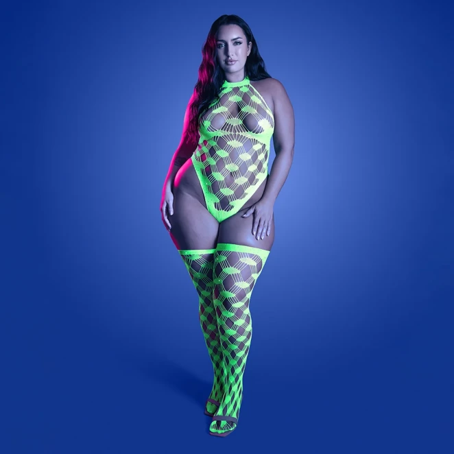 Fantasy Lingerie Glow Adrenaline Halter Teddy & Stockings in Rhinestone Fishnet