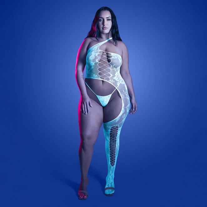 Fantasy Lingerie Glow Lights Get Low Floral Knit Asymmetrical Bodystocking & Panty