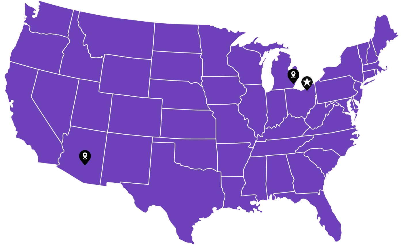 Map showing SlipDix fulfillment locations in Cleveland, Ferndale, and Phoenix