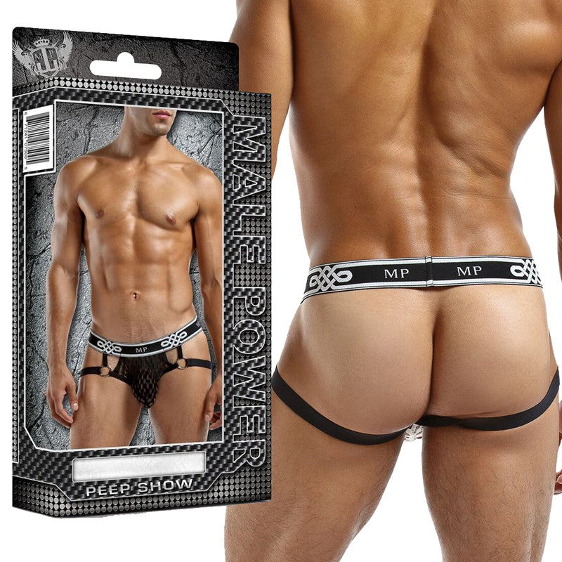 Male Power Peep Show Jock Strap with Rings Black