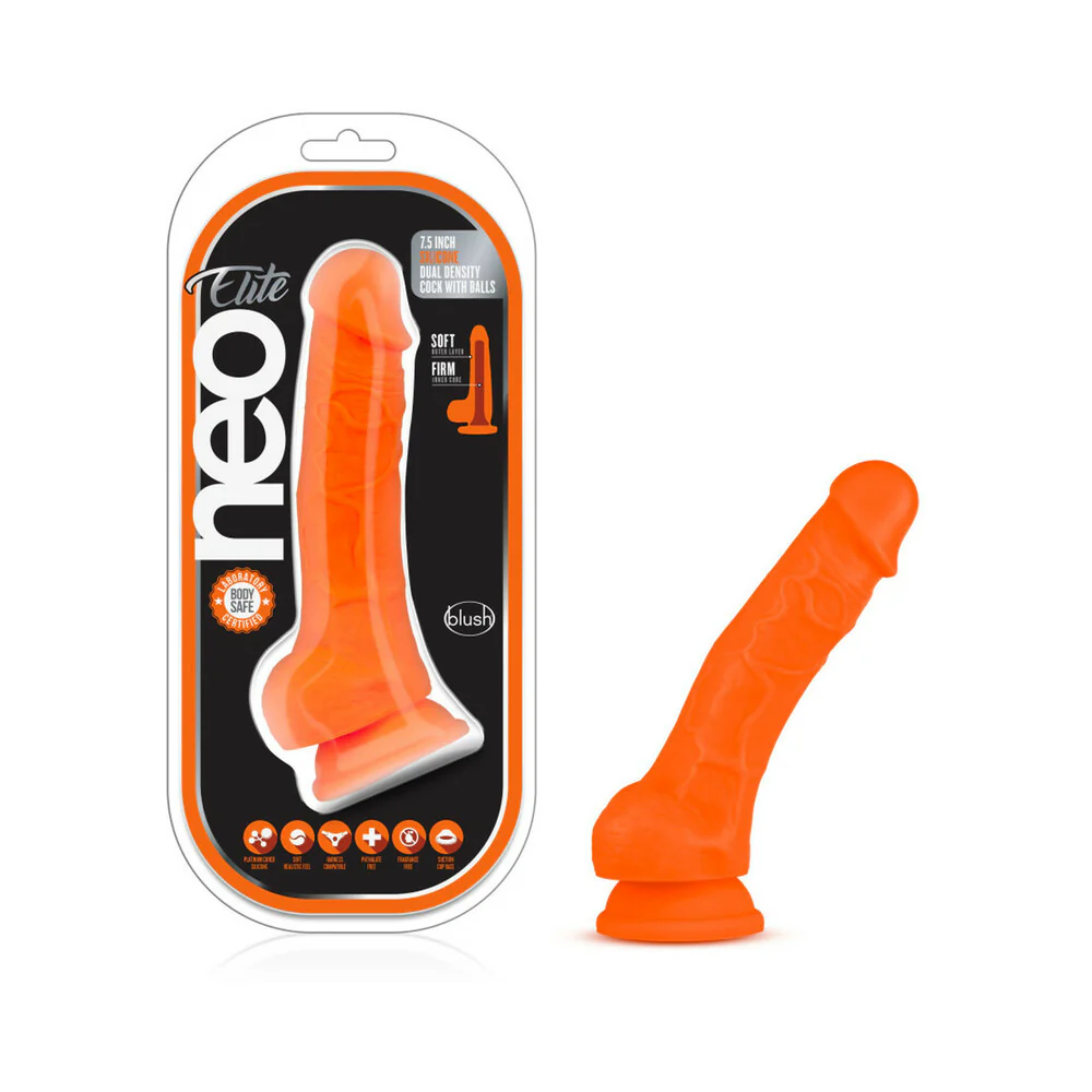 7.5 in. Neo Elite Dual Density Dildo with Balls Orange