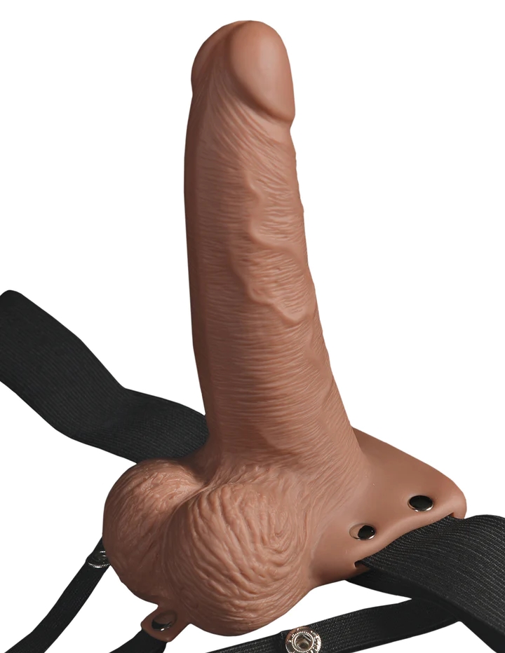 Hollow Vibrating Strap-On Realistic 6 in. with Balls Tan
