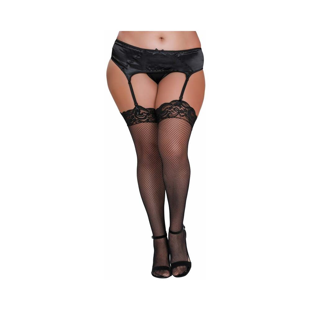 Dreamgirl Fishnet Thigh-High Stockings With Lace Top Black