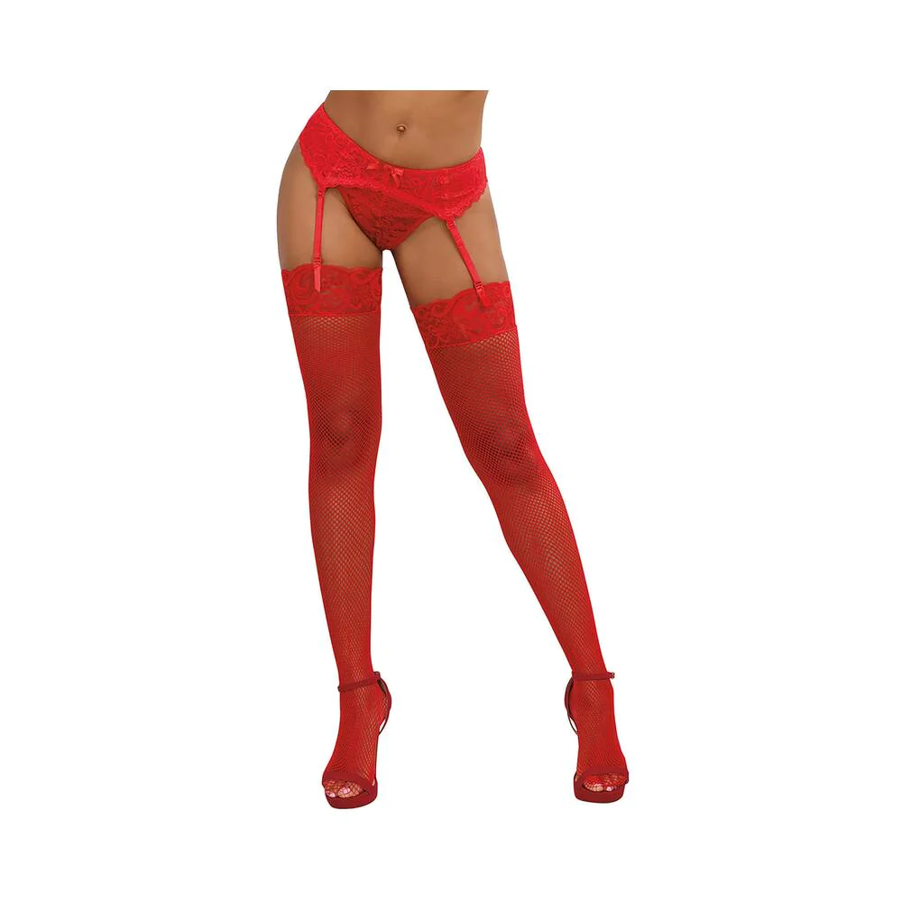 Dreamgirl Fishnet Thigh-High Stockings With Lace Top Red