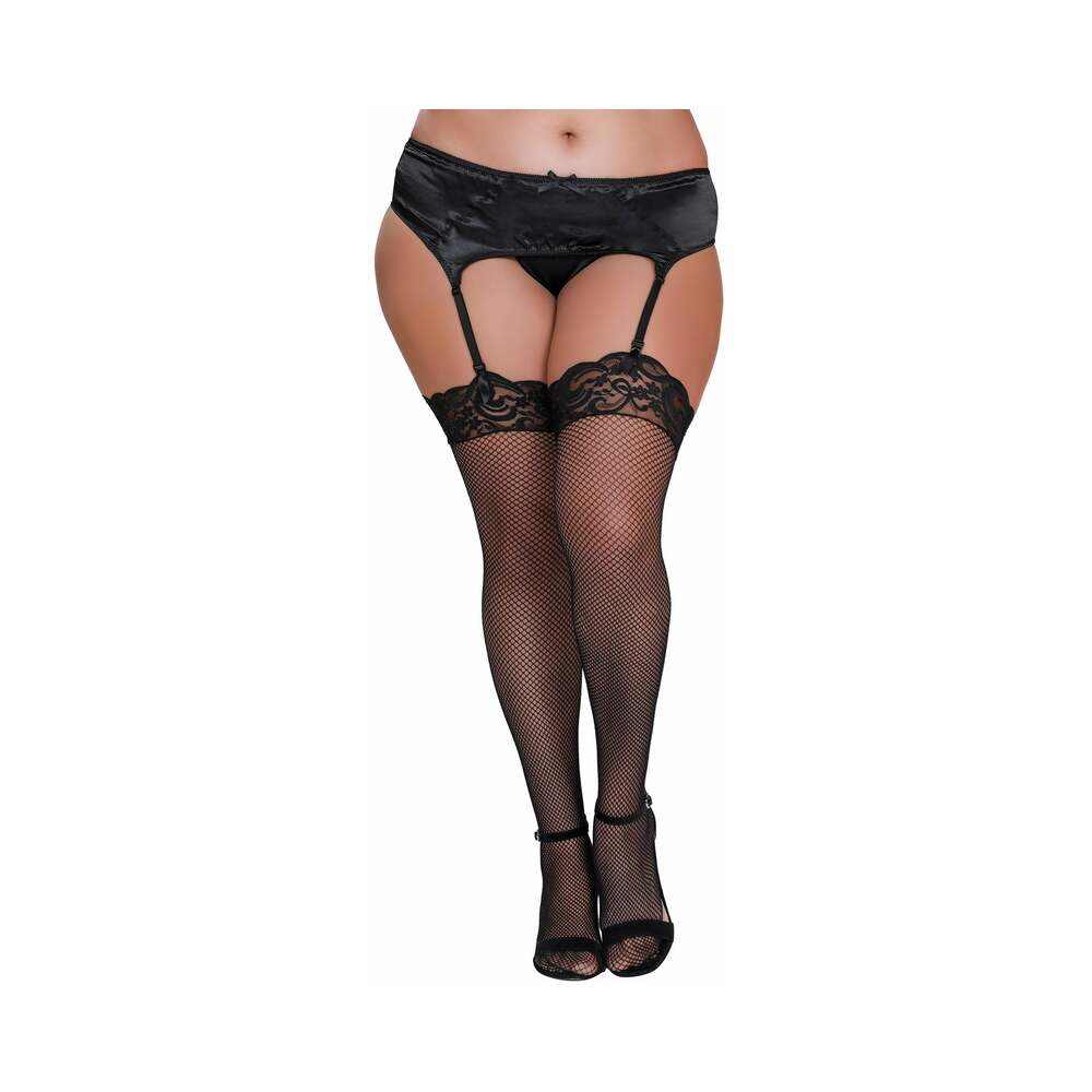 Dreamgirl Plus-Size Fishnet Thigh-High Stockings With Lace Top Black