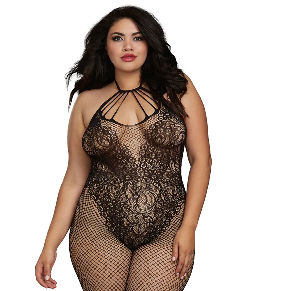 Dreamgirl Fishnet Bodystocking With Knitted Teddy Design Black