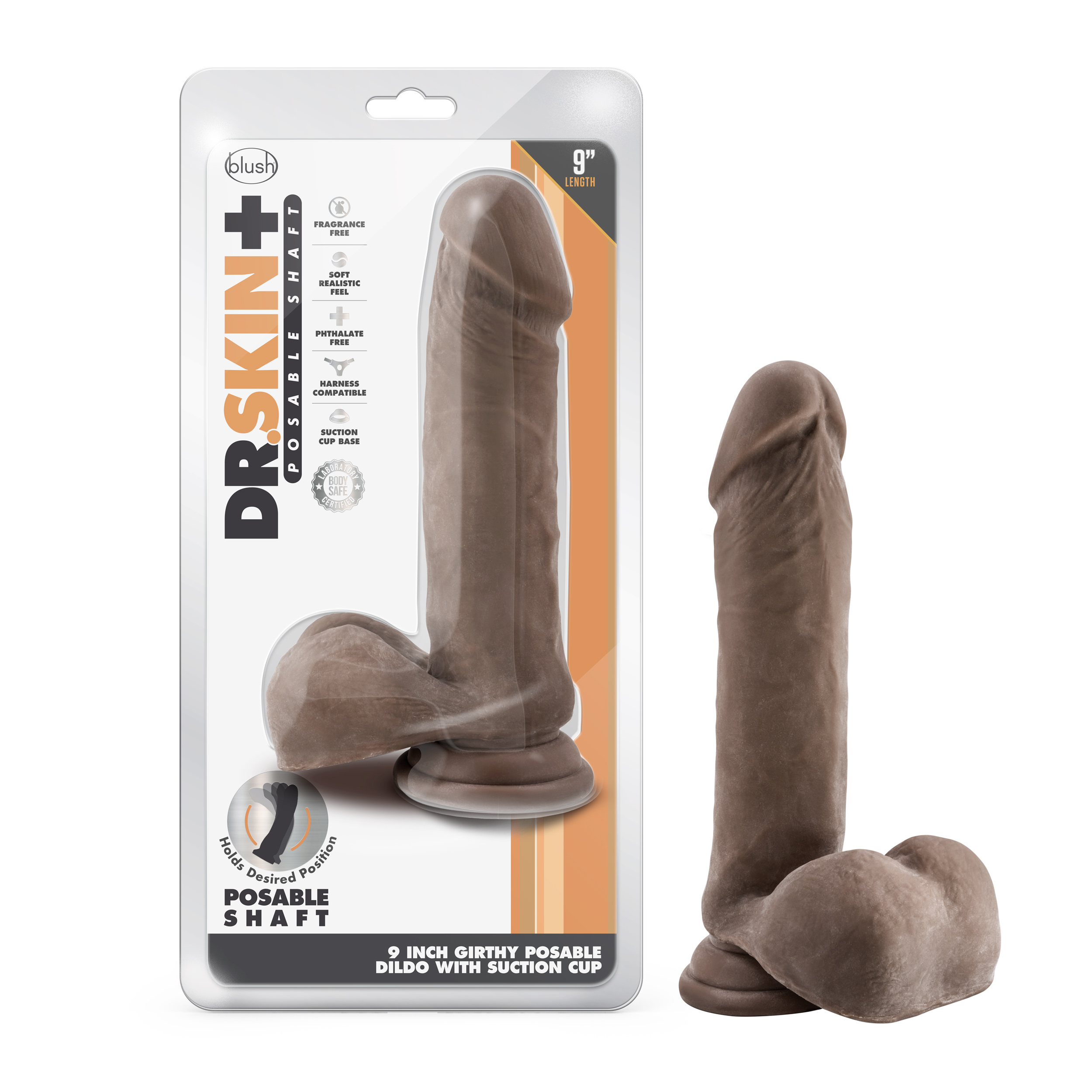 9 in.  Realistic Triple Density Posable Dildo with Balls Brown