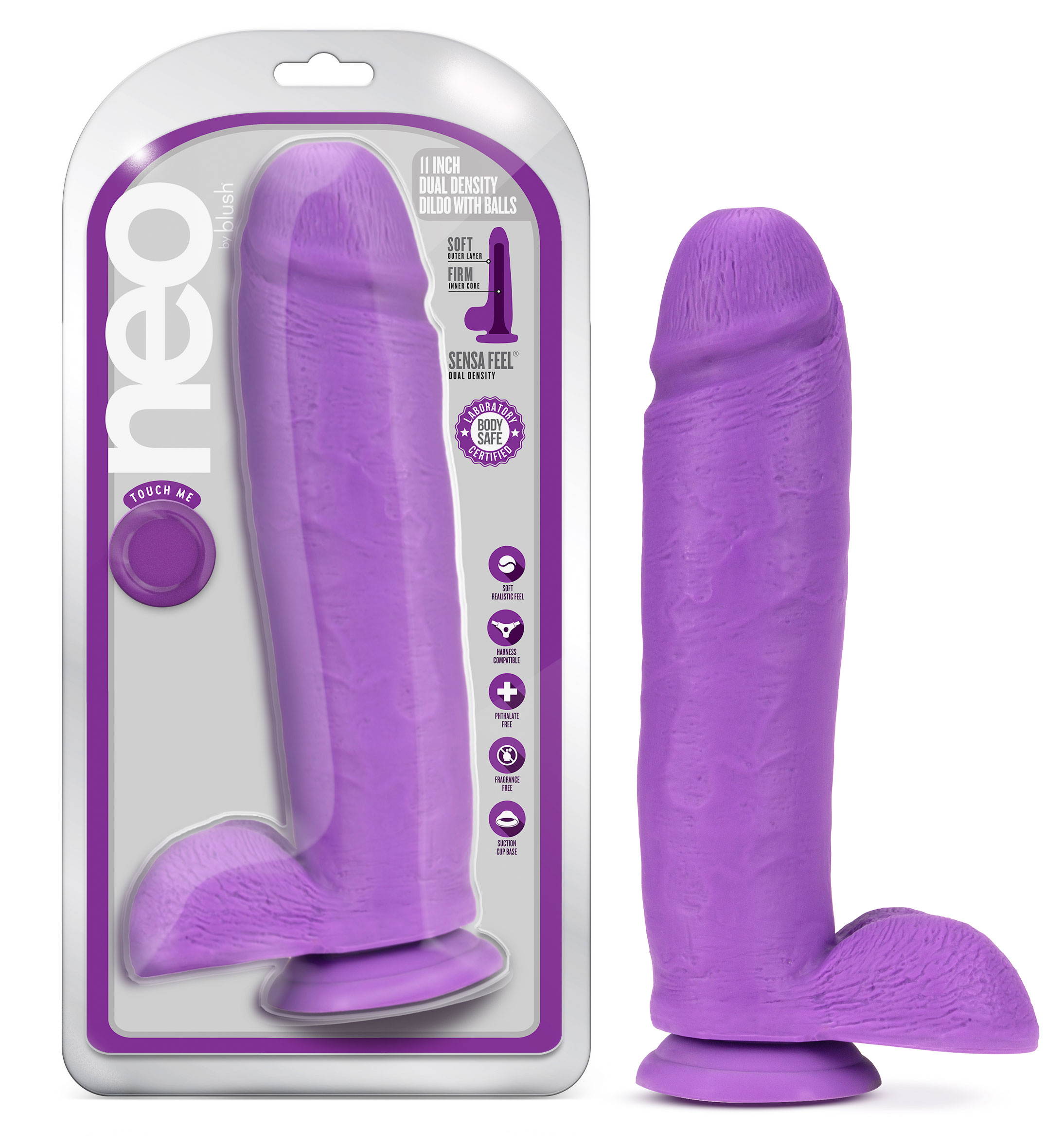 11 in. Dual Density Realistic Dildo with Balls Neon Purple