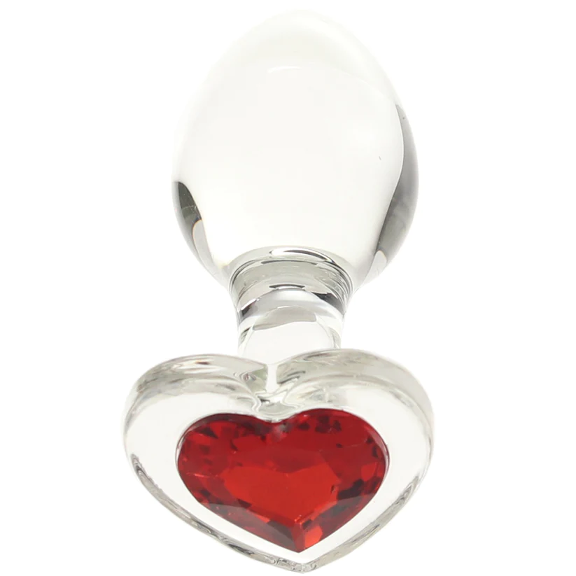 Anal Glass Butt Plug with Red Heart Gem Medium