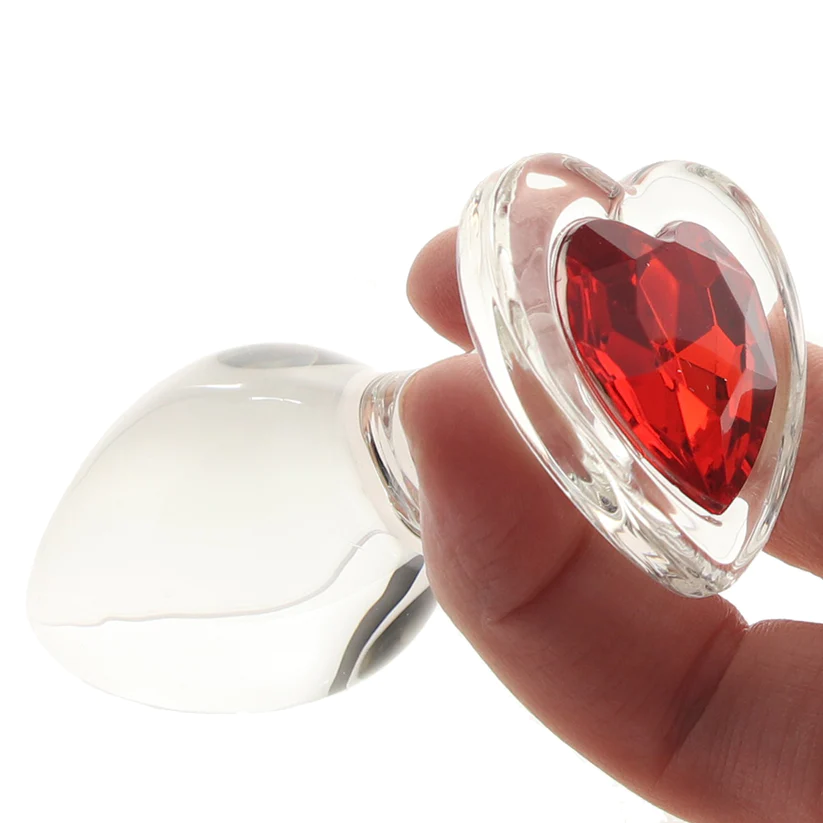 Anal Glass Butt Plug with Red Heart Gem Medium