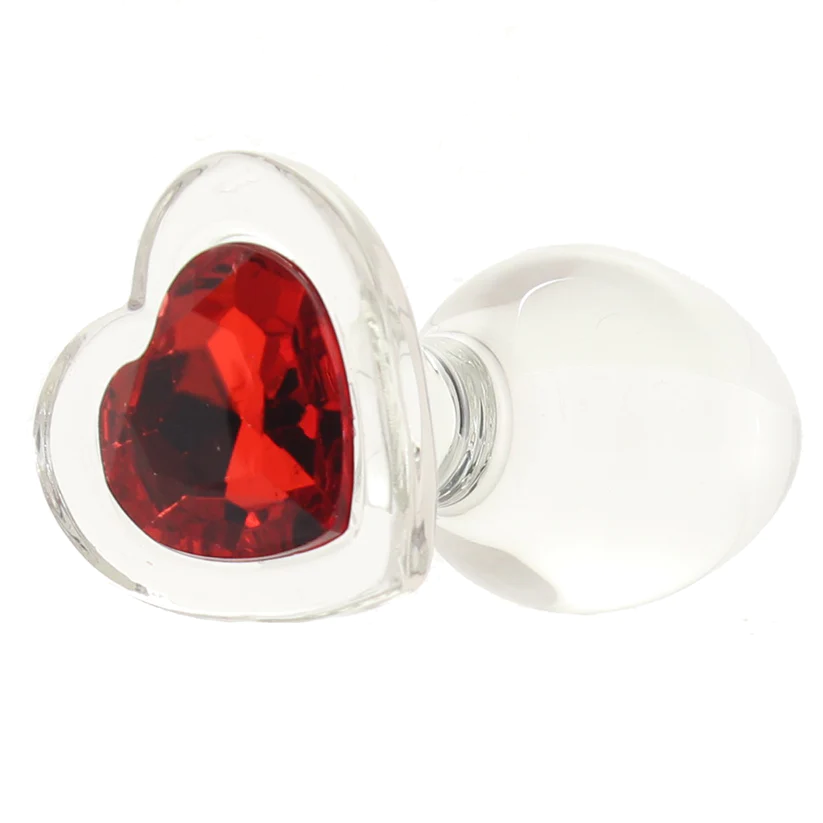Anal Glass Butt Plug with Red Heart Gem Medium