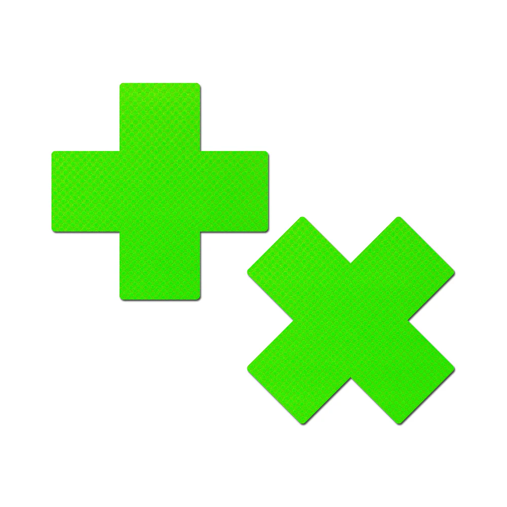 Pastease Plus X: Neon Green Day-Glow Lycra Cross Nipple Pasties (84085) | SlipDix.com