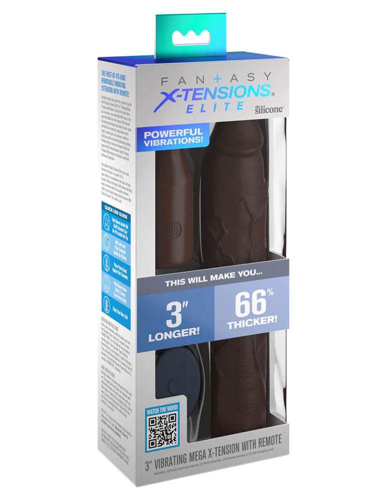 X-tensions Elite 9 in. Silicone Mega Extension Sleeve with Remote-Controlled 3 in. Vibrating Extender Brown