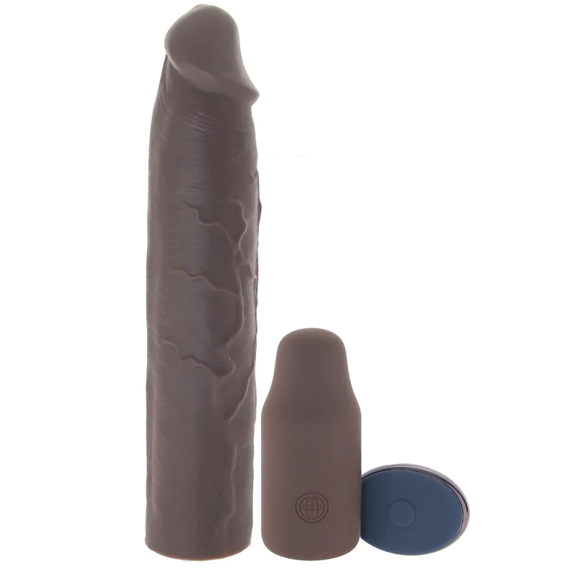 X-tensions Elite 9 in. Silicone Mega Extension Sleeve with Remote-Controlled 3 in. Vibrating Extender Brown