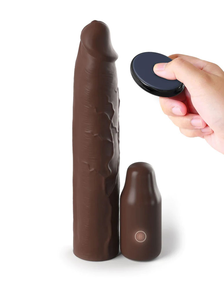 X-tensions Elite 9 in. Silicone Mega Extension Sleeve with Remote-Controlled 3 in. Vibrating Extender Brown