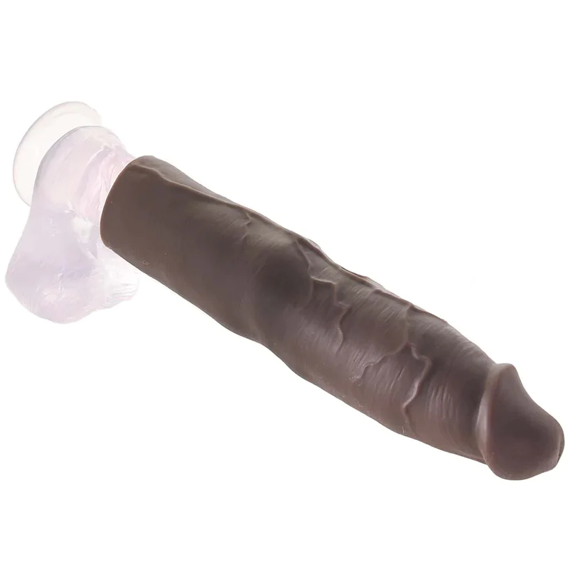 X-tensions Elite 9 in. Silicone Mega Extension Sleeve with Remote-Controlled 3 in. Vibrating Extender Brown