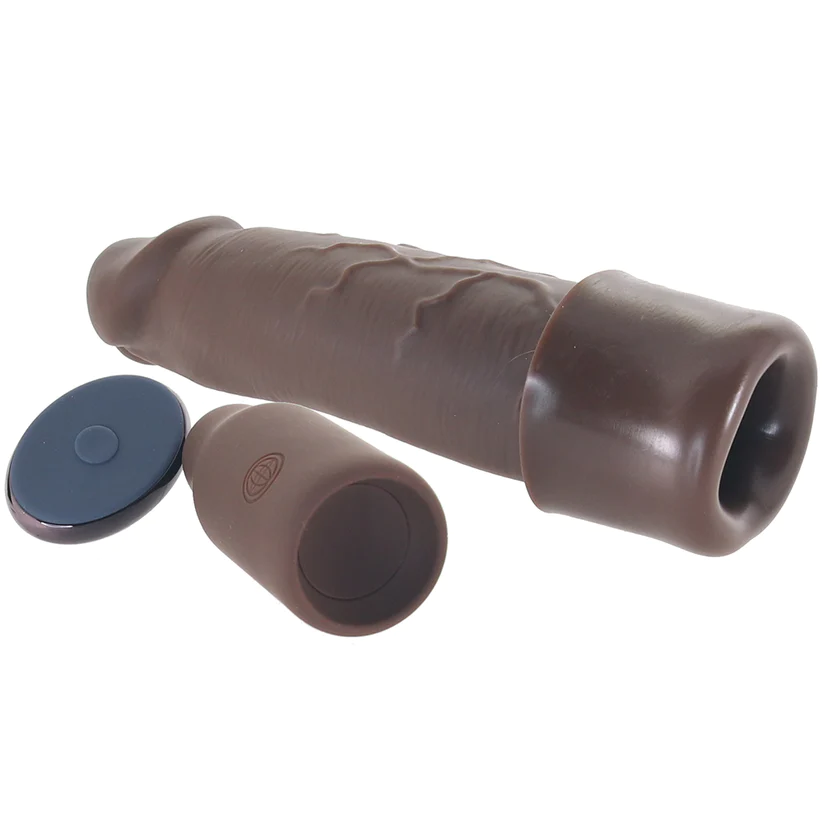 X-tensions Elite 9 in. Silicone Mega Extension Sleeve with Remote-Controlled 3 in. Vibrating Extender Brown
