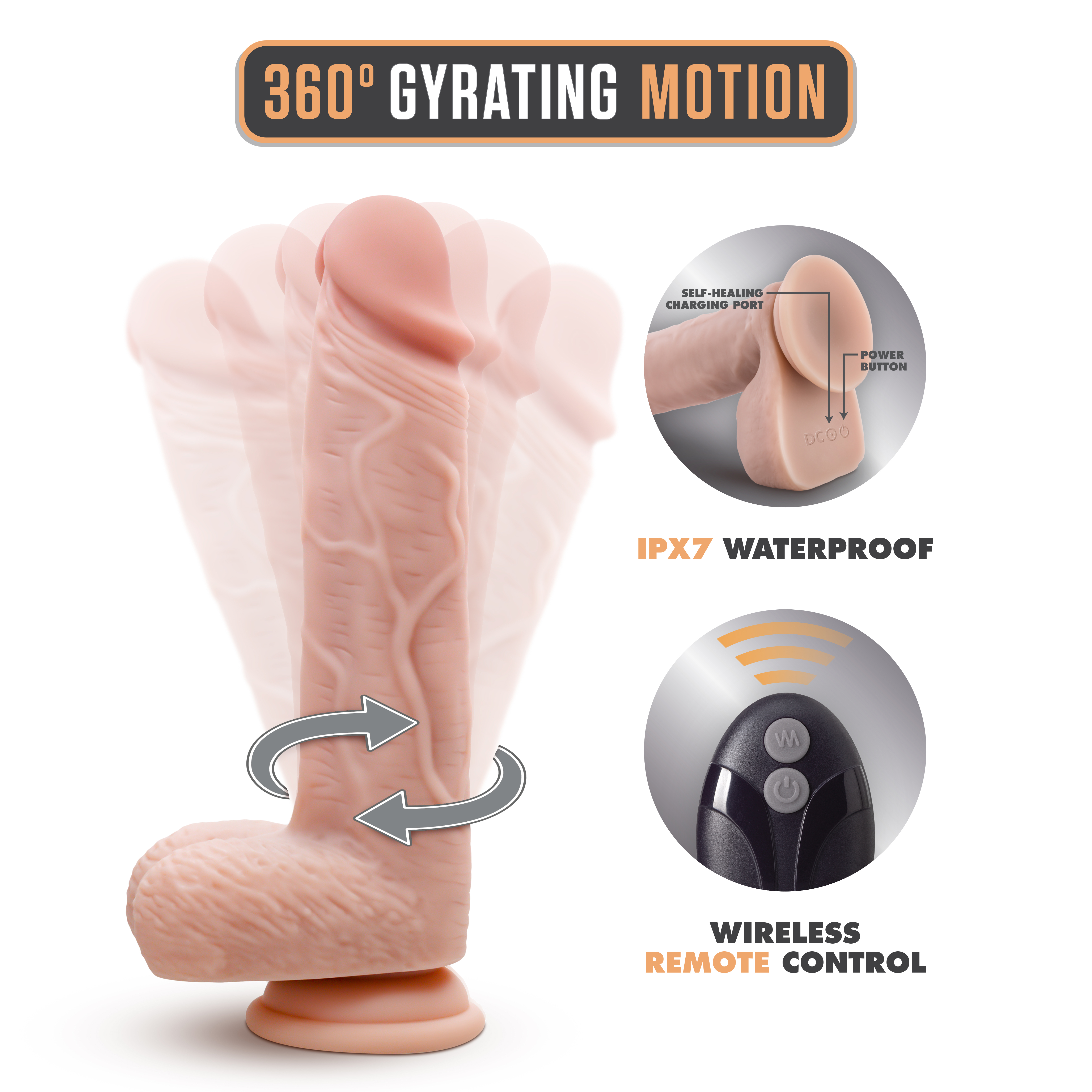 8.5 in. Realistic Gyrating & Vibrating Silicone Dildo with Remote Beige