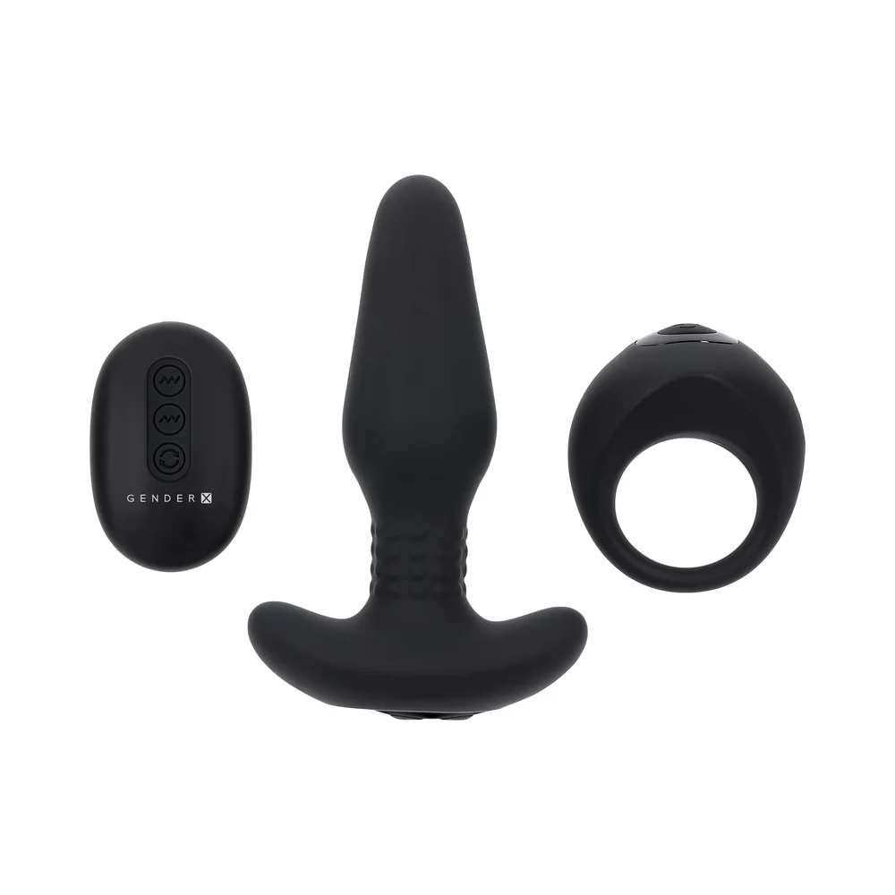 Teamwork Vibrating Anal Plug & Cock Ring Set with Remote Black