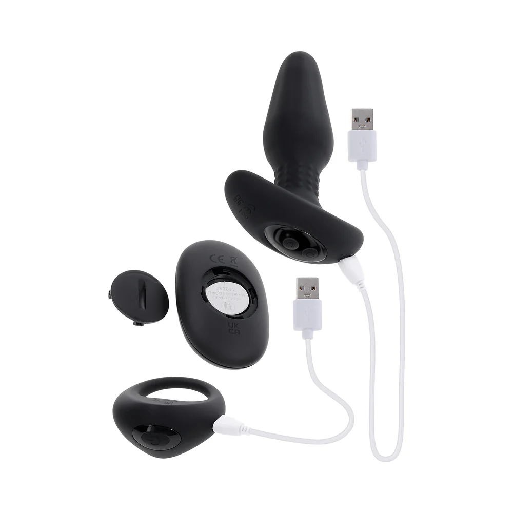 Teamwork Vibrating Anal Plug & Cock Ring Set with Remote Black