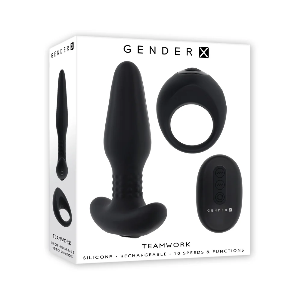 Teamwork Vibrating Anal Plug & Cock Ring Set with Remote Black