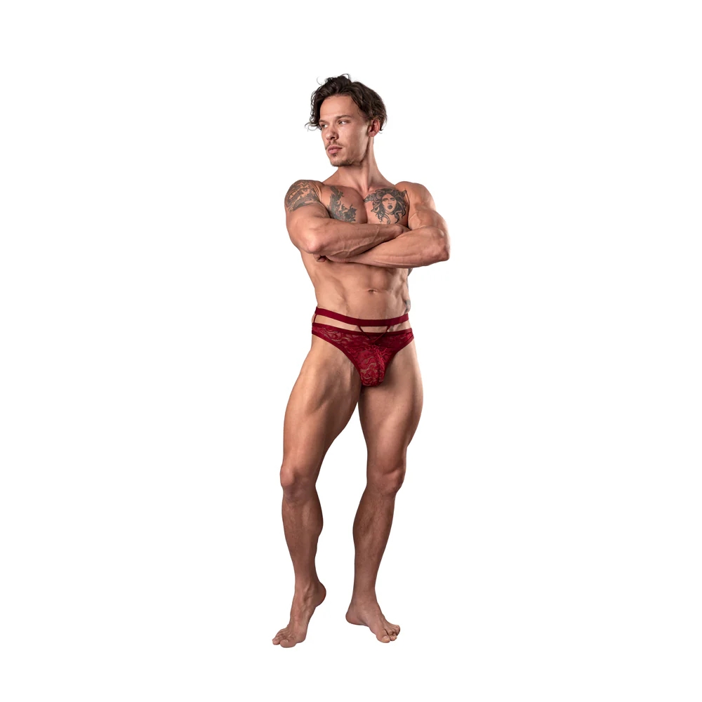 Male Power Lucifer Cut Out Strappy Thong Burgundy
