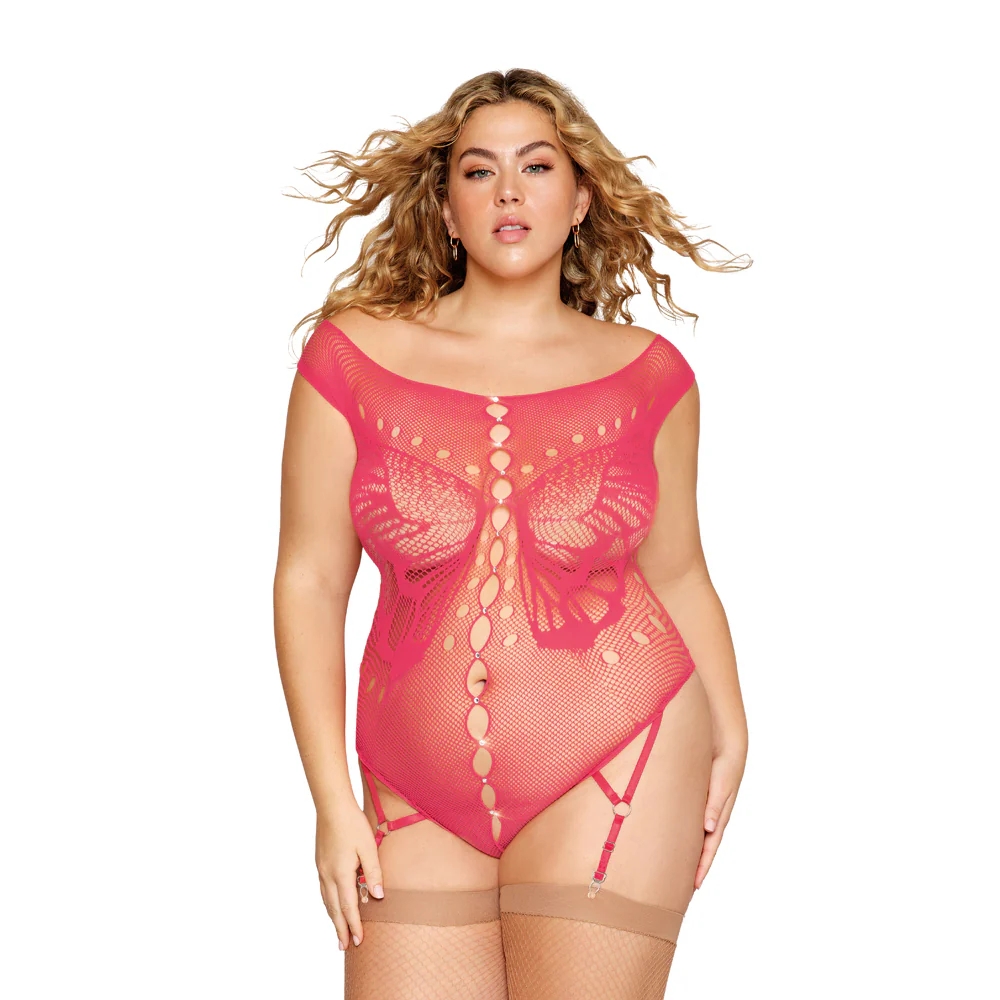 Dreamgirl Butterfly Fishnet Teddy with Garter Straps Watermelon