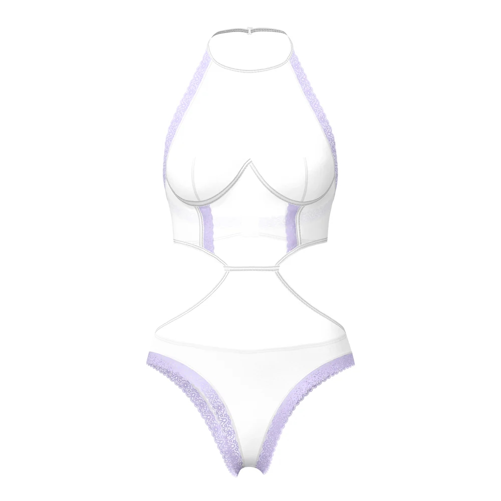 Magic Silk Sheer Passion Halter Teddy White/Lavender