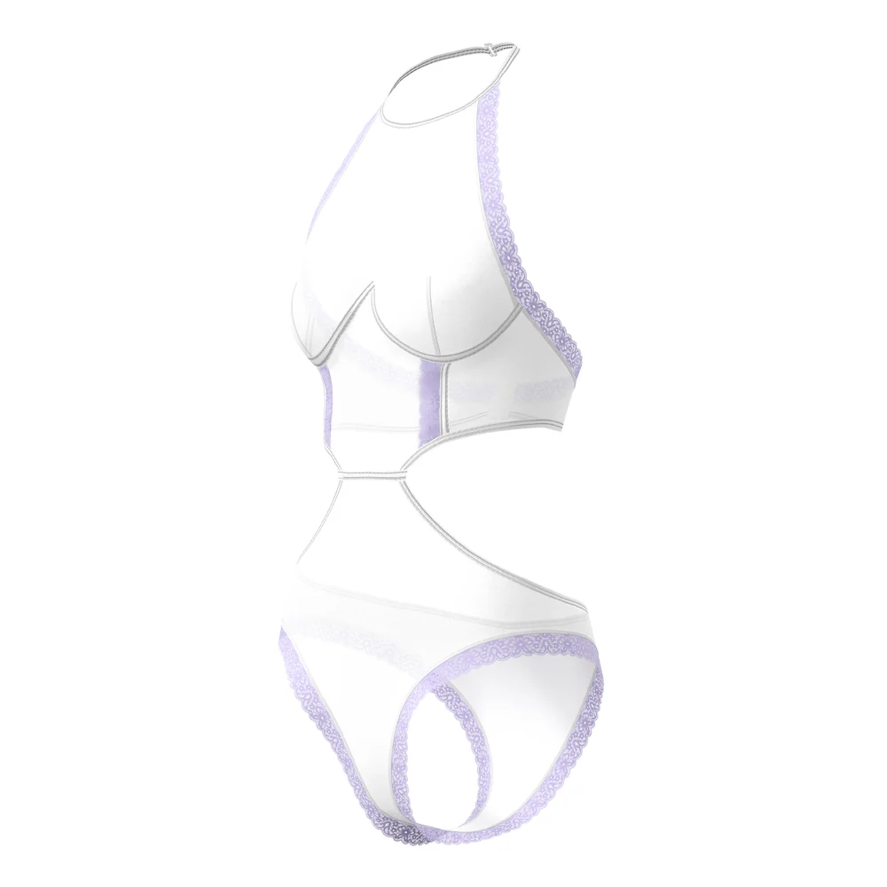 Magic Silk Sheer Passion Halter Teddy White/Lavender